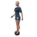 Women Short Sleeves Zipper Back Pockets Stretch Rompers Blue MEM-88626