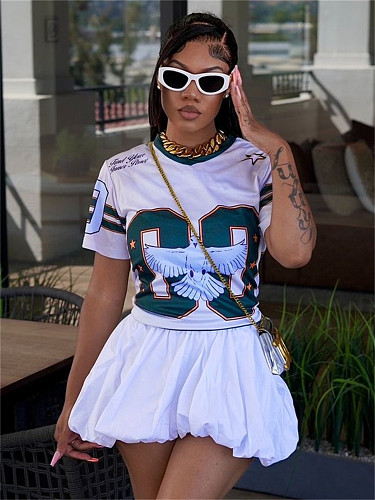 Fashion Girls Print Round Neck Short Sleeves Pullover T-shirt RS-S5267