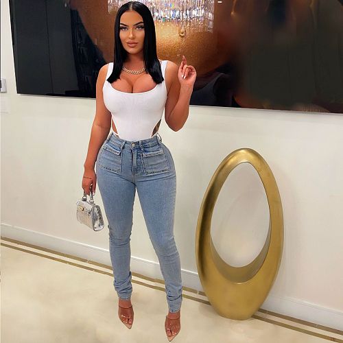 Women's casual ripped hole wash set pearl slim jeans CM-8687