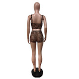 Sexy Leopard Print Mesh Women Stretch Vest Shorts Suits MEM-88624