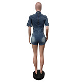 Women Short Sleeves Zipper Back Pockets Stretch Rompers Blue MEM-88626
