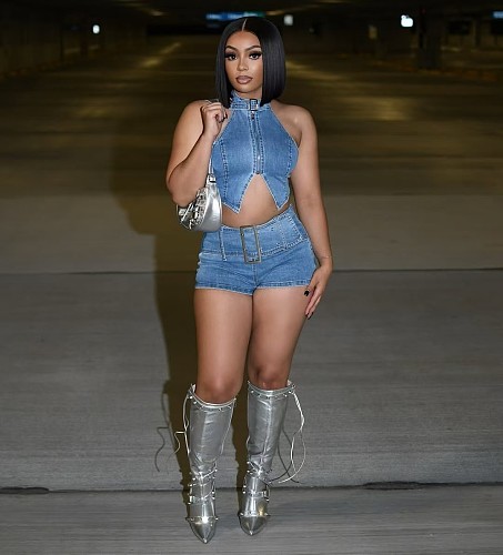 Women Halter Zipper Sleeveless Crop Top And Shorts Denim 2 Pieces Sets MEM-88631