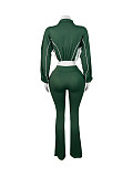 Women's double patchwork color contrast zipper flared two pieces trousers sets CH-25018
