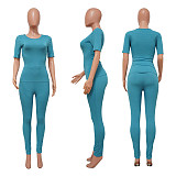 Women Solid Color Short Sleeves Strech Sporty 2 Pieces Suits YF-9884