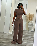 Womene Solid Color High Waist Wide-leg Long Pants 2 Pieces Sets XRB-10129