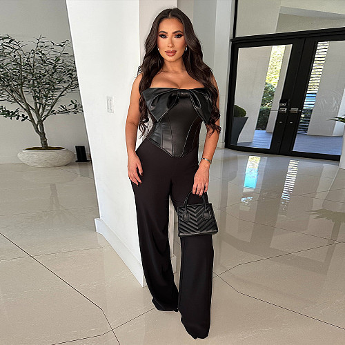 Sexy corset top bow PU leather small vest black YNS-2681
