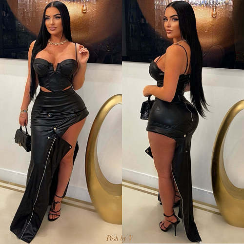 Women PU leather metal zipper sexy high slit skirt black YNS-2679