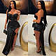 Women PU leather metal zipper sexy high slit skirt black YNS-2679