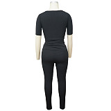 Women Solid Color Short Sleeves Strech Sporty 2 Pieces Suits YF-9884