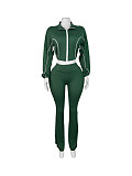 Women's double patchwork color contrast zipper flared two pieces trousers sets CH-25018