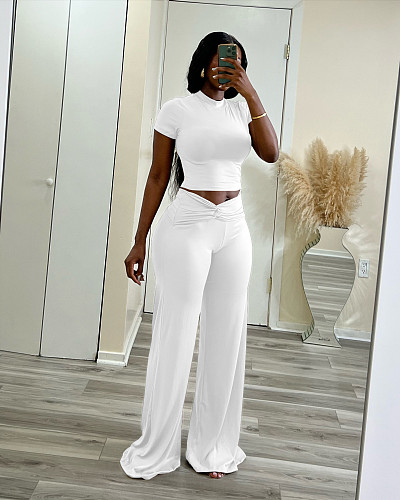 Womene Solid Color High Waist Wide-leg Long Pants 2 Pieces Sets XRB-10129