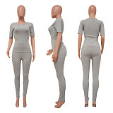 Women Solid Color Short Sleeves Strech Sporty 2 Pieces Suits YF-9884
