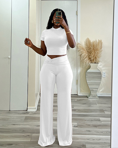 Womene Solid Color High Waist Wide-leg Long Pants 2 Pieces Sets XRB-10129