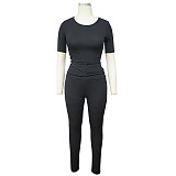 Women Solid Color Short Sleeves Strech Sporty 2 Pieces Suits YF-9884