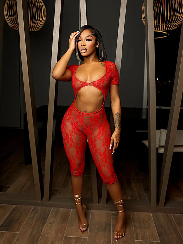 Sexy Hollow Out Lace Girls U-neck Bodycon Jumpsuit CH-24011