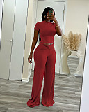 Womene Solid Color High Waist Wide-leg Long Pants 2 Pieces Sets XRB-10129
