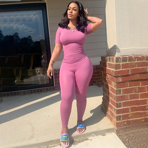 Women Solid Color Short Sleeves Strech Sporty 2 Pieces Suits YF-9884