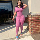 Women Solid Color Short Sleeves Strech Sporty 2 Pieces Suits YF-9884