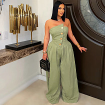 Fashion women's sexy chest spread sleeveless metal button wide leg jumpsuit ZS-0729