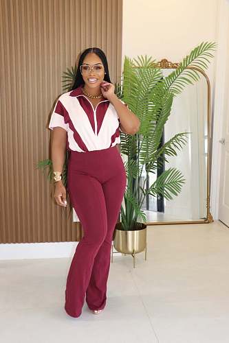 Women's short sleeve color block patchwork sports casual jumpsuit CM-8736