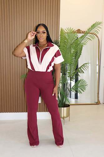 Women's short sleeve color block patchwork sports casual jumpsuit CM-8736