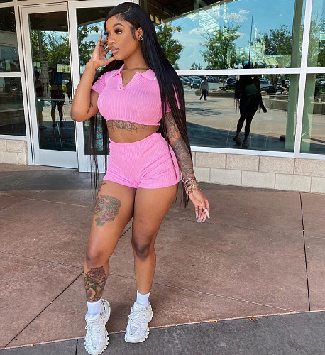 Women Solid Color Turndown Collar Crop Top And Shorts 2 Pieces Suits LM-9259