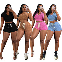 Women's turndown collar crop top and shorts thread 2 pieces sets CM-9523