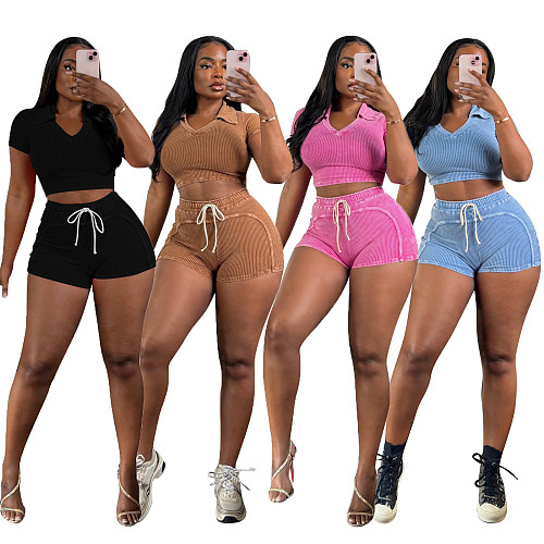 Women's turndown collar crop top and shorts thread 2 pieces sets CM-9523