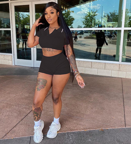 Women Solid Color Turndown Collar Crop Top And Shorts 2 Pieces Suits LM-9259