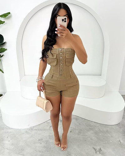 Sexy women strapless zipper pockets solid color rompers MEM-88636