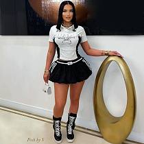 Women's lace letter-printed buckle top waist-length puffy miniskirt set RS-K25L10