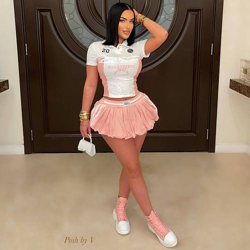 Women's lace letter-printed buckle top waist-length puffy miniskirt set RS-K25L10