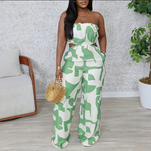 Sexy strapless print hollow out wide-leg long jumpsuit NY-11018