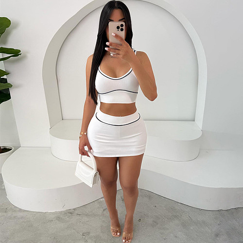 Sexy women white crop vest and mini skirt 2pcs sets SXE-64305