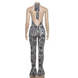 Sexy Backless Halter Neck Printed Slim Fit Hip-hugging Jumpsuit
