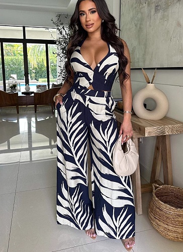 Fashionable Sexy Printed Halter Neck Top With Wide-leg Pants Two-piece Set