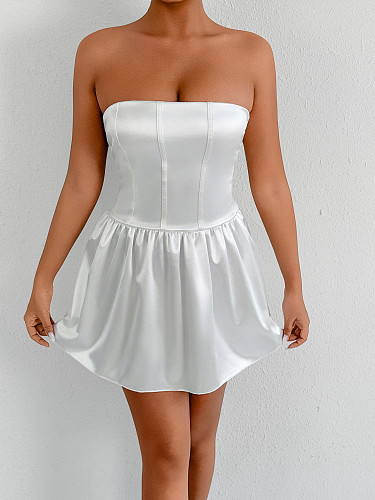Sweet and Elegant Waist-hugging Satin Tube Top Bud Dress