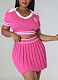 Fashionable Contrast Color Knitted Elastic Sports Pleated Skirt Suit