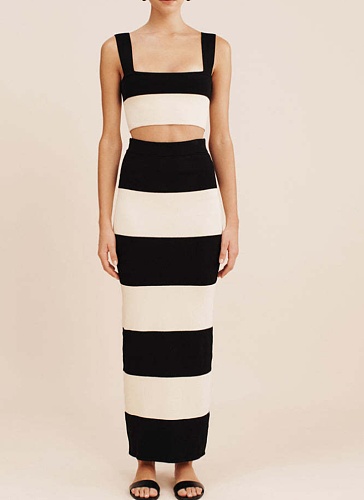 Women's Black and White Knitted Striped Vest Suspenders Knitted Long Skirt Two-piece Suit