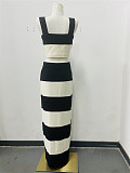 Women's Black and White Knitted Striped Vest Suspenders Knitted Long Skirt Two-piece Suit