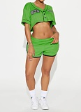 Women's Sports V-Neck Open Button Short Top Elastic Waist Shorts Set