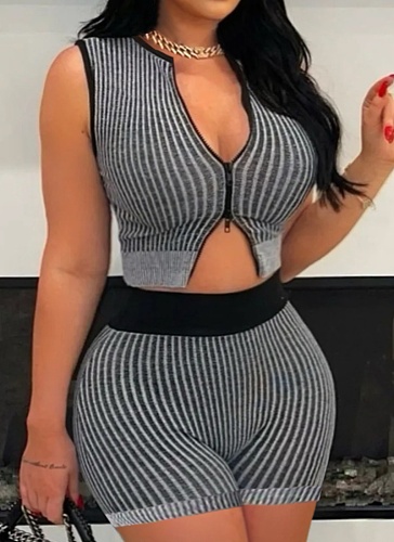 Knitted Sweater Two-Way Zipper Fashion Casual Tight Two-Piece Suit For Women