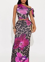 Fashion Slim Fit Printed Slant Neck Lace-up Short Top Hip-wrapped Long Skirt Set