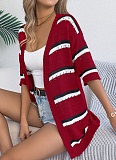 Spring and Summer Casual Striped Hollow Mid Sleeve Knit Cardigan Holiday Cardigan