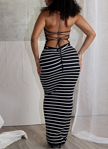 Black New Backless Lace-Up High Elastic Striped Halter Neck Dress