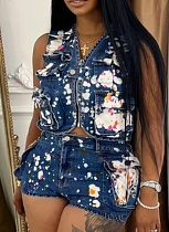 Women'S Multi-Pocket Vest Ink-Splashed Shorts Stretch Denim Two-Piece Suit Women'S Multi-Pocket Vest Ink-Splashed Shorts Stretch Denim Two-Piece Suit
