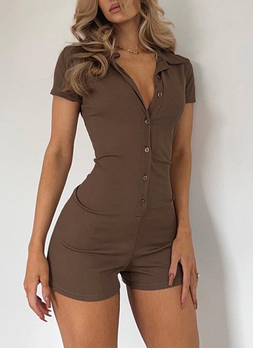 Solid Color Lapel Buttoned Ribbed Tight Csual Jumpsuit