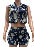 Women'S Multi-Pocket Vest Ink-Splashed Shorts Stretch Denim Two-Piece Suit