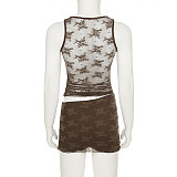 Sexy Lace Stitching See-through Mesh V-neck Vest Pleated Lace-up Dress