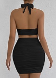 V-Neck Halter Neck Navel-Baring Vest Sexy Pleated Hip Skirt Two-Piece Set